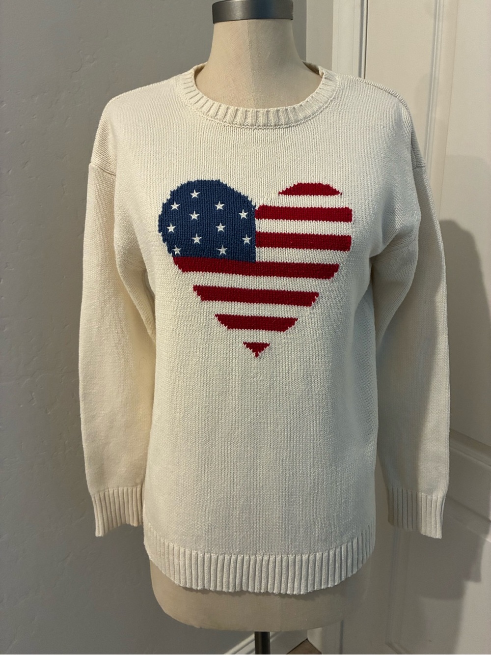 Cream Sweater with Red and Blue Flag Heart #Americana #patriotic #Preppy